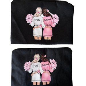 BUNDLE of 2 -Bride & Bridesmaid Black Zip Close Travel Bag Makeup Cosmetic Pouch